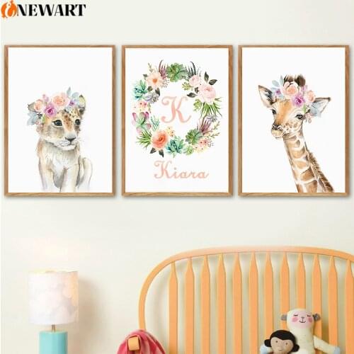 Custom Name Baby Nursery Canvas Painting Animal Print Wall Art Pink Flowers Poster Nordic Decoration Pictures Girl Room Decor