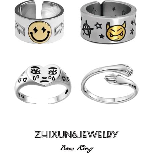 Ring For Women Girls Charm Smiley Fashion Men Jewelry Vintage Ancient Silver Color Happy Smiling Punk Hip Hop Adjustable Rings