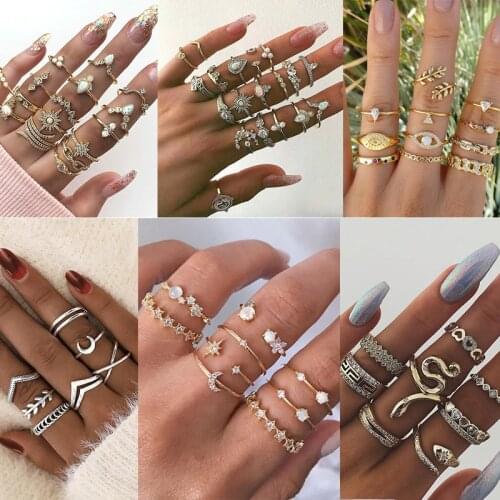 22Styles Vintage Rings Set For Women Boho Moon Star Knuckle Finger Ring Female Bohemian Gold Silver Color Jewelry Accessories
