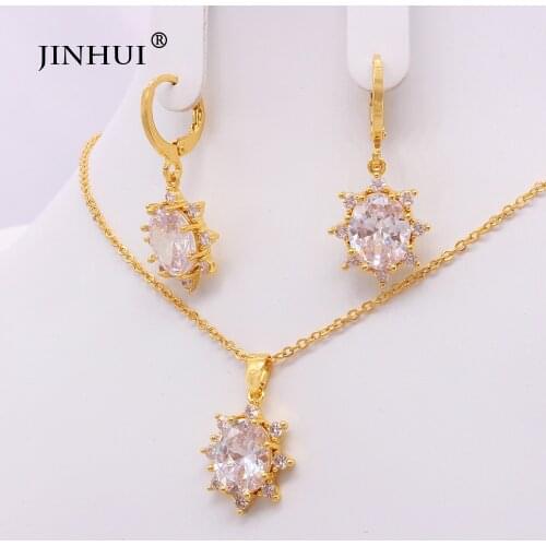 African fashion Women 24K gold filled bridal wedding designer jewelry sets gifts small Flowers Pendant Necklace Earrings set