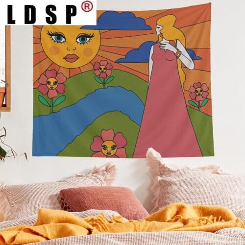 LDSP Sun Flowers Girl Hippie Tapestry Wall Hanging Covering Rugs Background Cloth Beach Mat Blanket Art Bedroom Dorm Home Decor