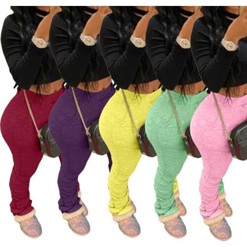 Stacked leggings stacked sweatpants women ruched pants legging jogging femme Pleated stacked joggers pants women flare trousers