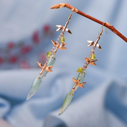 Fashion Ethnic Green bamboo Leaf tassel earrings,vintage Long Olive stone Earrings for Womens 2020 NEW Wholesale Jewelry