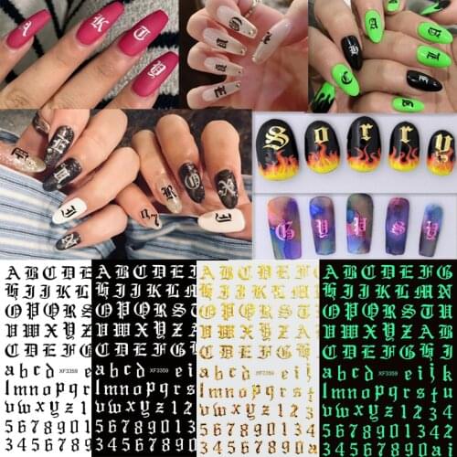 3D Nail Art Stickers Gothic Letter Black Gold Cool Design Alphabet Adhesive Slider Nail Inscription Manicure Decoration