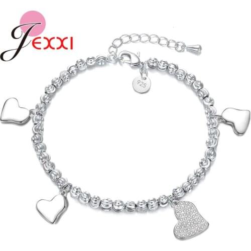 Genuine 925 Sterling Silver Shiny Heart Charms Bracelets Filled Shining Crystals For Women Female Wedding Jewelry
