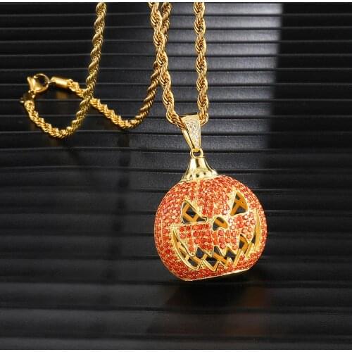 Full Iced Out Bling Pumpkin Necklace Rhinestone Rope Chain Gold Color Pendants & Necklaces For Men Hip Hop Jewelry Dropshipping