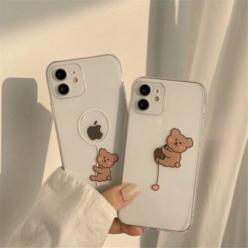 Retro smile balloons bear kawaii Transparent Phone Case For iPhone 11 12 Pro Max Xr Xs Max 7 8 Plus X 7Plus case Cute Soft Cover