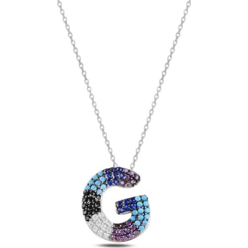 Silver 925 Set-G-Letter Colorful Zircon Stone Ghost Pendant