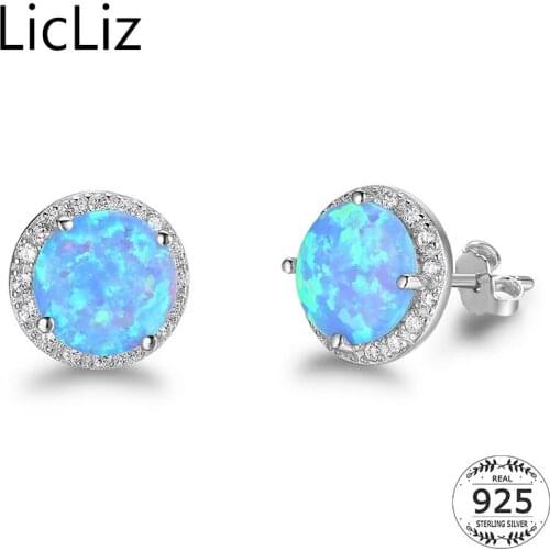 LicLiz 925 Sterling Silver Opal Stud Earrings For Women Big Blue Ear Piercing Stud Earring Pave CZ Halo Solitaire Earings LE0301