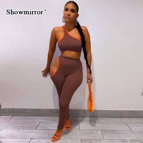 Showmirror 2021 Hollow Out Two Piece Set Women Summer One-Shoulder Crop Tops Slim Skinny Sportswear Pants Womem Outfits