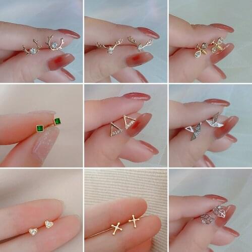 Gold Color Cute Stud Earrings for Women Girls Love Heart Earrings Piercing Jewelry Animal Flower Crystal Female Earrings M4