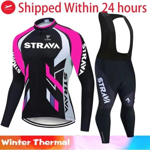 STRAVA Winter Thermal Fleece Cycling Jerseys Set Long Sleeve MTB Bicycle Clothing Mountain Bike Clothes Sportswear Wear Suit