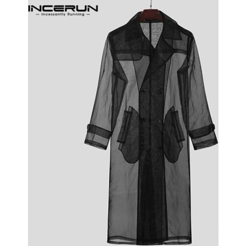 Fashion Men Mesh Trench Transparent Streetwear Long Sleeve Double Breasted Long Coats Chic Thin Outerwear Jackets INCERUN S-5XL