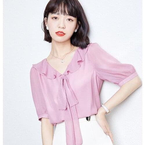 Womens Blouse Chiffon Short Sleeve Blouses Top Fashion Bow Ruffled Pullover Shirt Blusas Mujer De Moda 2021 Verano