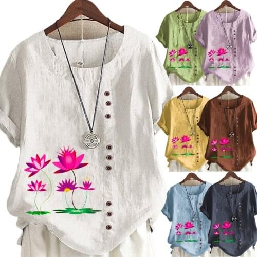 New Summer Fashion Vintage Shirts & Tops Women Loose Crew Neck Casual Short Sleeve Lotus Printed T-shirt Print Blouse Plus Size