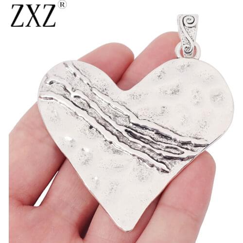 ZXZ 2pcs Large Hammered Heart Shape Charms Pendants for Necklace Jewelry Making Findings 82x64mm