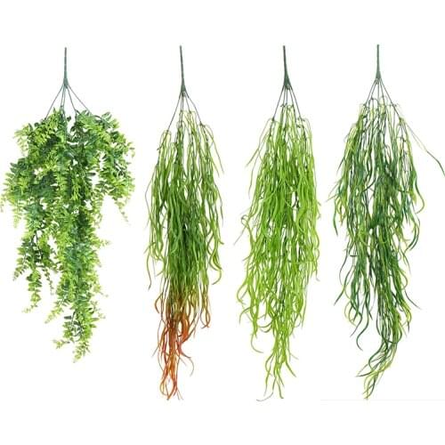 1 Bouquet Green Leaves Artificial Plants Wall Hanging Fake Fern Vines Home Balcony Garden Basket Accessories Decoration Rattans