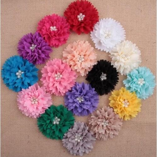 20pcs/lot Chiffon Fabric Flowers with Rhinestone for Girl Headband Hair Clips Diy Headwear Hair Accessories