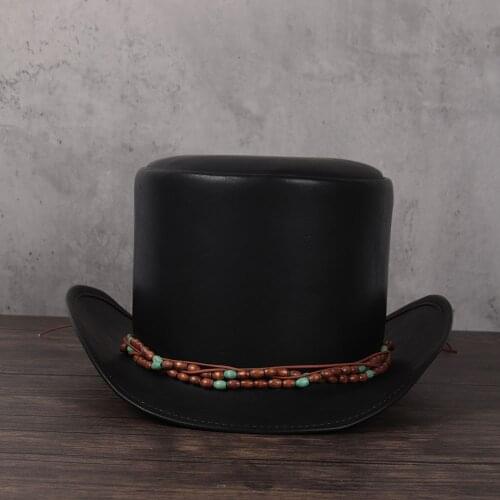 3 Size 100% Leather Top Hat Women Men President Flat Fedoras Hat Magician Steampunk Cosplay Party Caps Dropshiping 13CM