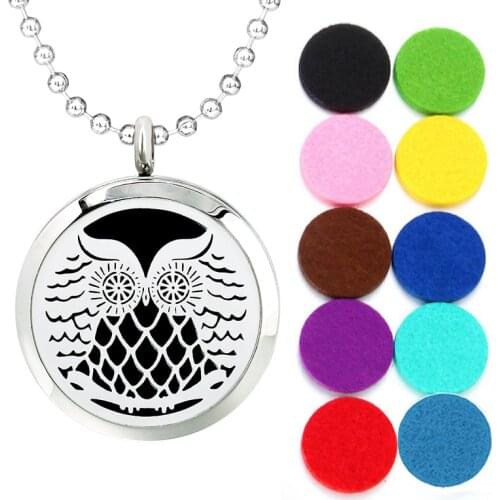 30mm 316L Stainless Steel Diffuser Necklace Pendant Women Men Jewelry Owl Paw Essential Oil Aromatherapy Locket With 10pcs Pads