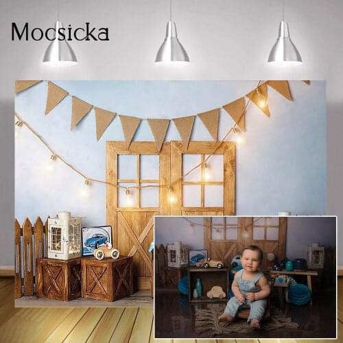 Children Toy Car Cake Smash Backdrop Newborn Boy Birthday Background Photocall Retro Wooden Door Portrait Photography Studio