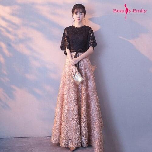 Beauty Emily Long O Neck Half Sleeve Evening Dresses Black Lace Appliques Pleated Sequins Prom Gown Elegant Formal Party Dresses