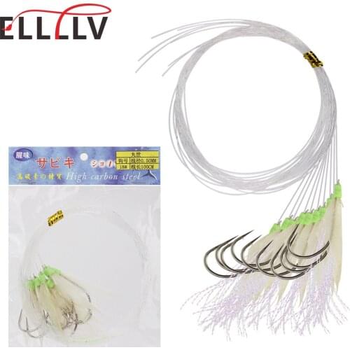 10pcs Saltwater Fishing Sabiki Rig Pre Tied Real Fish Skin Flies Fishy Smell Lure With Luminous Head and Long Monofilament Line