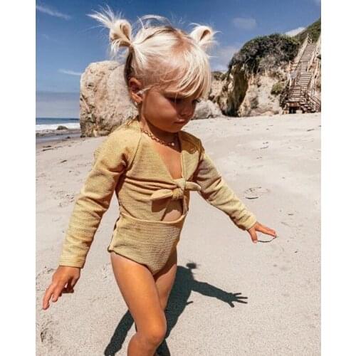 FOCUSNORM 1-6Y Lovely Infant Kids Girls Bikini Swimwear Solid Long Sleeve Bowknot Jumpsuits Beachwear