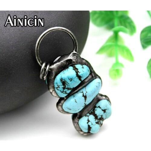 Blue Color Howlite Turquoise Gun Metal Plating 60mm Large Size Big Circle Hang Pendants For DIY Jewelry Making Findings 5pcs