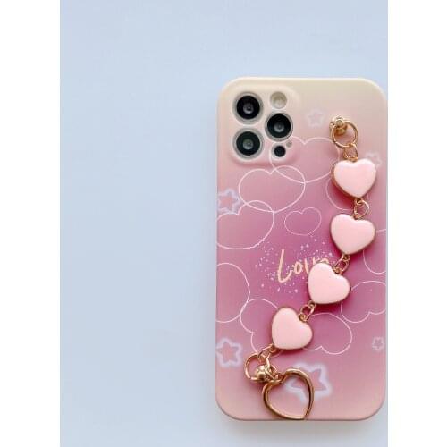 Gradient Pink Heart Wrist Chain Case for iPhone 12 Pro Max Back Phone Cover for 12 Mini 11 Pro Max X XS XR 8 7 Plus SE 2020 Capa