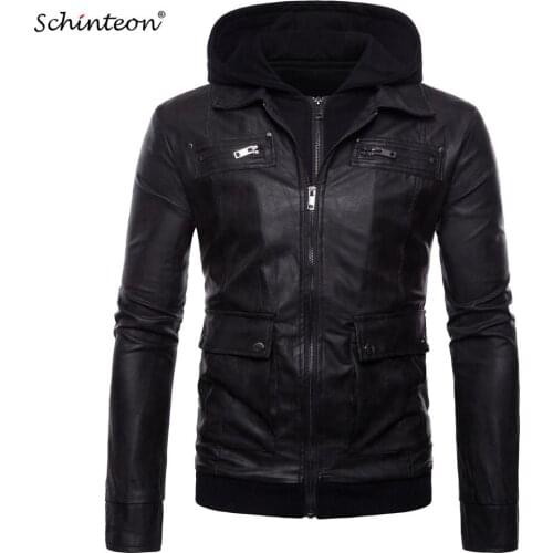 Schinteon M-5XL Motorcycle Leather Jacket Outwear Double-layer Collar Pocket Brown Black with Hood Fake two pieces Men