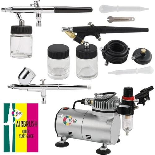 OPHIR 0.3mm 0.35mm 0.8mm 3 Airbrush Gun with Air Compressor for Model Hobby Body Paint Tattoo Cake Decoration_AC089+004A+071+072