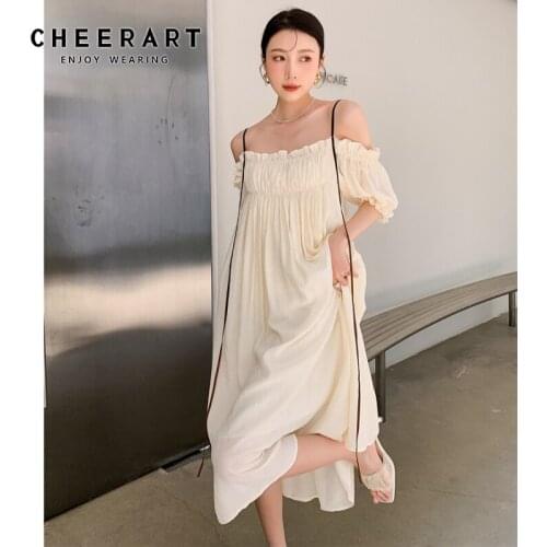 CHEERART Off The Shoulder Summer Long Ruched Dress 2021 Spaghetti Strap Loose Backless Ladies Beach Dress Holiday Clothes
