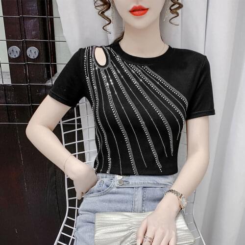 Summer short-sleeved t-shirt womens wild foreign style 2021 new design sense niche hot diamond hollow sexy top casual