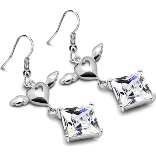 Fashion Love Heart Angel Wing 925 Sterling Silver Earrings Inlay Quartet Zircon Crystal Earring Send to Ms Gifts