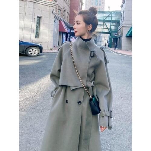 High-end double-sided cashmere coat womens autumn and winter temperament loose and thin medium and long Hepburn wool