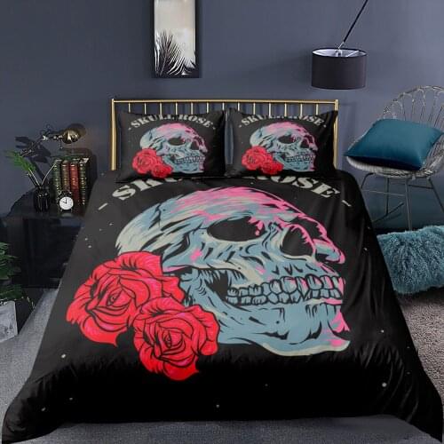 Skull Printed Quilt Cover Floral Bedding Set Single Twin Double Queen King Size Duvet Cover Pillowcase 2/3 Pcs Bedroom Textiles