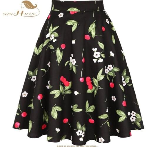 SISHION Y2K Black Cherry Floral Print Vintage Skirt VD0020 Jupe Femme High Waist A Line Swing 50s 60s Retro Women Summer Skirts