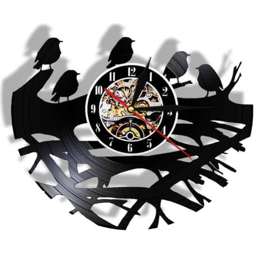 Spring Laser Cut Longplay Wall Clock Birds Vinyl Wall Watch Birds Nest LED Backlight Modern Design Slient Quartz Kid Room Decor