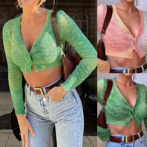 Women Autumn Long Sleeve Sweater Cardigan Multicolored Gradient Sexy V-Neck Button Down Crop Top Jacket Harajuku Slim Fit