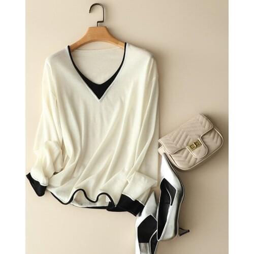 2022 spring autumn new worsted 100% cashmere v neck false two pieces sweaters europe fashion loose ladies chic knitwear tops