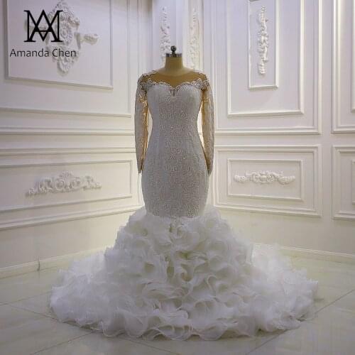 Robe blanche femme Full Sleeve Lace Fishtail Ruffled Wedding dress