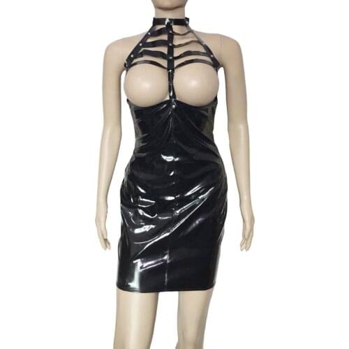 Women Wet Look Shiny Vinyl Cupless Open Cup Mini Dress Caged Halter Neck Zipper Back Mistress Role Play Fetish Sexy Costume