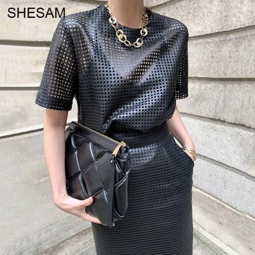 Dress South Korean Chic Round neck dress woman Mesh Hollow Out Leather Short Sleeve Top High Waist Buttock Skirt Suit