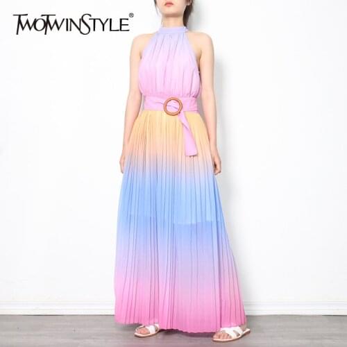 TWOTWINSTYLE Hit Color Ruched Summer Dress For Women Stand Collar Sleeveless High Waist Sashes Elegant Dresses Female Fashion