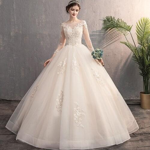 Wedding Dress Elegant Full Sleeves O-Neck Backless A-Line Bling Flowers Embroidery Simple Lace up Long Women Bride Dresses B088