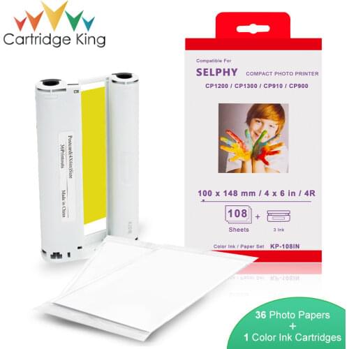 Cartridge King Color Ink Paper Set for Canon Selphy Printer CP1200 CP1300 CP910 CP900 36 Sheet Photo Papers (100*148mm) KP-108IN
