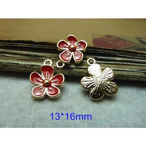 Free Shipping - 60 pcs Red Flower Charms Pendant 13*16mm Gold-color Flower With Red Surface, DIY Jewelry Findings