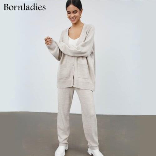 Bornladies Autumn Winter Ladies Loose 2 Pieces Set Sexy V Nexk Pullover Sweater & Lace-up Skinny Pants Casual Women Knitted Sets