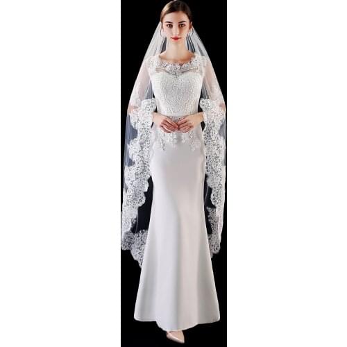 JaneVini Porcelain Lace Bridal Veil with Metal Comb Applique Edge Elegant One Layer Ivory Bride Veils Long Wedding Accessories